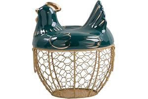 JILIJIA Porta uova a forma di gallina, in ceramica e rete metallica, elemento decorativo da cucina, per contenere uova, snack, frutta, colore: oro e verde