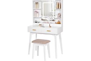 BEWISHOME Toaletka z oświetleniem LED, biała toaletka z taboretem, stół do makijażu ze światłami i 3 trybami kolorów, toaletka z 2 szufladami i 4 otwartymi półkami, nowoczesna toaletka EFST22W