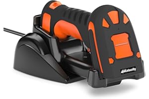 Alacrity Upgraded 2D Industrial Barcode Scanner with Wireless Charging Stand, Bluetooth & 1968 Feet Transmission Distance 433Mhz Wireless 2in1 Barcode Reader, Shock Dust Proof Hands Free, Orange