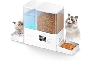 Rojeco Distributeur Automatique de Nourriture et d'eau 2-en-1, 5L pour Chat avec Réservoir d'eau de 3.5L, Distributeur de Croquettes Programmable avec Affichage LED, pour Petits et Moyens Animaux
