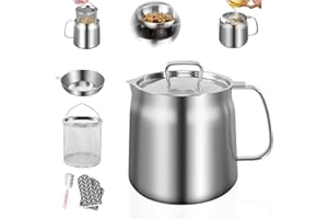 VBNZBK Colador de Aceite de Acero Inoxidable de 2 L, Botella de Grasa con Tapa Antipolvo, Filtro de Malla Fina, Guantes Aislantes y Cepillo Extraíble para Tazas – Filtro Multifunción para Cocina