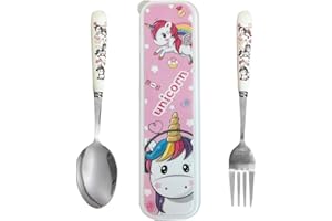 ZMRKQW Posate Bambini in Acciaio Inox, Unicorn Set Posate Bambino 1 Forchetta Bambini e 1 Cucchiai Bambini per Bambino, con Unicorn Posate Custodia, Casa Scuola Uso, Adatto ai regali ai bambini