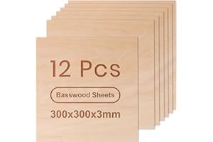 ROWOOD Basswood Plywood Sheets 12PCS 300x300x3mm Laser Engraving Materials Plywood Board for Model Making DIY Wooden Crafts Ideal for Laser Cutting Wood Burning Painting CNC
