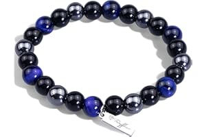 RAFFICI Triple Protection Bracelet Black Obsidian & Hematite Blue Green Tiger Eye Bracelet Handmade Natural Stone Chakra Reiki for Men Women Luck Prosperity & Happiness 8mm Beads Adjustable