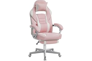 ‎SONGMICS SONGMICS Fotel biurowy, fotel gamingowy, regulowany, podnóżek teleskopowy, mechanizm kołyskowy, zagłówek, podparcie odcinka lędźwiowego, obciążenie 150 kg, cukierkoworóżowy i kremowo-biały OBG073P01