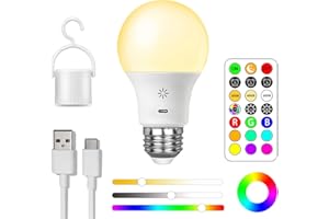 ‎BOBOPAI USB C Ładowalny Bateria Żarówka ze Zdalnym Sterowaniem, E27 Inteligentna Żarówka Zmieniająca Kolor RGB, 9+3 Temperatury Kolorów, 8W Ściemnialna Żarówka Dotykowa LED, 2600mAh, A19, Z Hakami,1 pack
