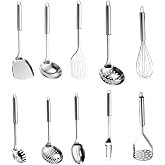 Hocadon Stainless Steel Kitchen Utensils Set of 10 | Stainless Steel Kitchen Utensils with Spatula, Soup Ladle, Skimmer, Whis