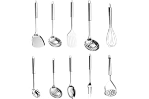 hocadon 10er Küchenhelfer Set Küchenutensilien Edelstahl Kochlöffel Set Edelstahl Küchen Utensilien Set mit Pfannenwender, Suppenkelle, Schaumlöffel, Schneebesen usw