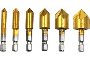 COSSWE 6Pcs Countersink Drill Bits,90 Degree Chamfering Drill Bit 1/4" Hex Shank Wood Drilling Bits 5 Flute HSS Titanium Coated Center Countersink Bits for Wood Quick Change Bit,6mm-19mm