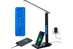 CSYY Lampe de bureau LED avec chargeur sans fil 10W, 3 Modes/ 5 Niveaux de luminosité/Réveil/Température et Calendrier/Support Téléphone, Lampe de Bureau LED Tactile Protection des Yeux (Noir)
