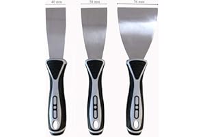 S&S-SHOP Juego de espátulas profesionales de 3 piezas, 40 mm – 50 mm – 76 mm, mango antideslizante, acero inoxidable, espátula de pintor, cuchillo de palé, arañazos