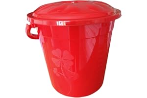 OMS HOME STORE Plastic Bucket with Lid Handle Small Large Storage Bucket Bin Container Measures (15L, Red)