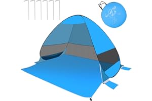 Les-Theresa Pop Up Beach Shelter Uv Tent Sun Shade for 3-4 Person, Beach Shade Portable Sun Uv Protection with 4 Sandbags, Shade Tent Windproof for Fishing Hiking Camping (Light blue)