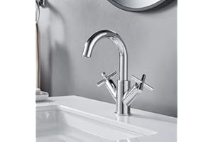 NewEast Basin Mixer Tap, Dual Cross Handle Swivel Spout Bathroom Sink Taps with Pop Up Waste, Modern Chrome Basin Tap