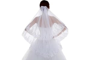 Wedity Wedding Bridal Veils 2 Tier Sequined Lace Flower Edge Tulle Elbow Fingertip Length Veil Bride Hair Accessories with Comb for Women and Girls (White)