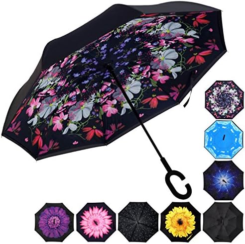 HeHe Umbrella Inverted/Reversible, Windproof Umbrella Double Layer Inside-Out Hands Free Self-Standing for Women and Men, Anti-UV Windproof Travel Umbrella with Carrying Bag