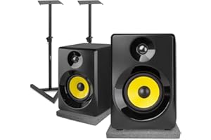 VONYX SMN50B Active Studio Monitors Set - Pair 5" Powered Speakers 140W with Adjustable Floor Stands and Acoustic Isolation Foam Pads for DJ Mixing & Home Studio Recording