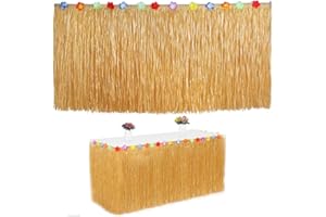 Nuluxi Plastic Luau Table Skirts Hawaiian Luau Hibiscus Grass Table Skirts Hibiscus Party Table Skirts with Adhesive Hibiscus Flowers for Beach Birthday Picnic Garden Party Decorations (long)