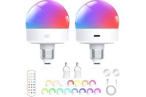EGOBASIC Rechargeable Screw Light Bulb with Remote Timer, Dimmable e27 LED Outdoor Battery Emergency Light, Detachable No Electricity Bulb for Non Hardwired Lamp Wall Sconce Hanging Lights, 2 Pack