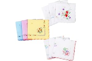 PORUPAEL 9 Pieces Ladies' Vintage Floral Handkerchiefs, Cotton Handkerchiefs for Women Soft Floral Handkerchief Embroidered Ladies Hankies Sweat Handkerchief for Women Wedding Party