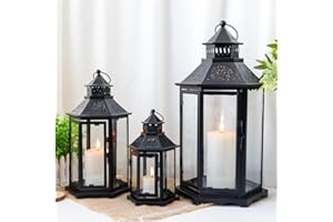 TRIROCKS Set di 3 Lanterne Decorativa per Candele 46, 33,5 e 24 cm Alte, Portacandele in Metallo Vintage con Vetro Temperato per Natale, Soggiorno, Giardino, Patio (Nere)