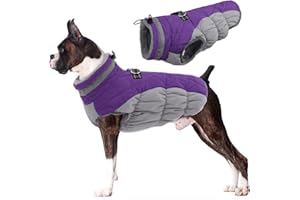 Lelepet Winter Warm Dog Coat with Harness, Windproof Dog Puffer Jacket, Reflective Fleece Lined Cold Weather Clothes, Underbelly Dog Coats for Small Medium Large Dogs Pet Outfit Apparel, M Purple