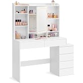 VASAGLE Dressing Table with Adjustable Brightness LED Lights | Makeup Table with Mirror, Open Compartments, Adjustable Shelve