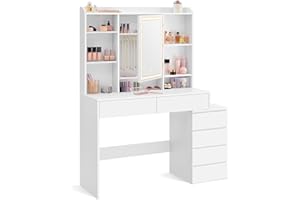 VASAGLE KAILYN Collezione - Toeletta con Luci LED a Luminosità Regolabile, Tavolo da Trucco con Specchio, Scomparti Aperti, Ripiani Regolabili, Postazione Trucco, Moderno, Bianco Nuvola RDT624W01