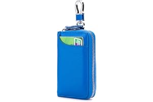 Aileder Genuine Leather Car Keychain Key Holder Case Bag Wallet Cover with Zipper Credit Card Holder (Blue)
