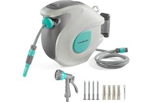 HAUSHOF Hose Reel, Wall Mounted Retractable Garden Hose Reel with 20+2M Hose, Hose Locking Mechanism, Roll-up Automatic, 7 in 1 Spray Guns, 180 Degrees Swiveling