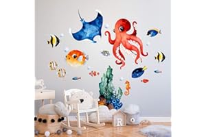 kina - Adesivo Murale Bambini Decorazione Parete Cameretta R00538 - Materiale Eco-Tessuto, Ecologico Anallergico, Riposizionabile, Effetto Carezza, Asilo Nido - Grafica Mare e Misura 120x30 cm