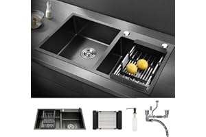 HaTur Evier de Cuisine en Acier Inoxydable Évier Double Bac avec 2 Trous de Montage Evier de Cuisine Kit, 78 * 43 * 20 cm (Noir)