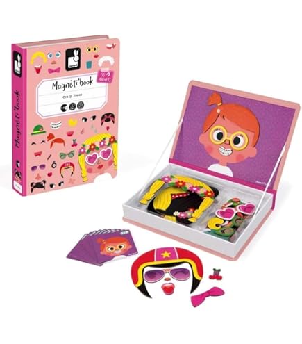Janod Magneti'Book Crazy Faces Garçon – Jeu Magnétique 70 Pièces – 12 Cartes Modèles – Créer Des Visages – Dès 3 Ans