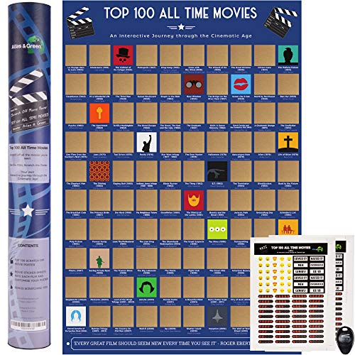 Atlas & Green 100 Movies Scratch Off Poster Bucket List + Pegatinas, Picking para rascar y Tubo de Regalo: califique Cada película y personalice su póster!