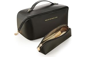 DITTYBUY Large Capacity Travel Cosmetic Bag, PU Leather Portable Makeup Bag, Ladies Make Up Bag Zipper Bag, Waterproof Cosmetic Travel Organizer Multifunctional Storage Bag for Women Girl(Black)