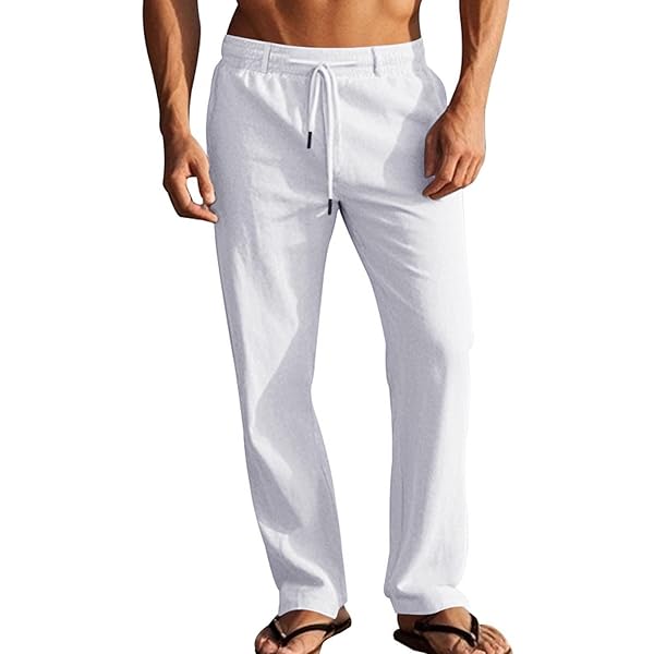 Pantalon Yoga Homme Toile Pantalon Homme Lin & Coton - Taille Élastique - Léger Décontracté - Blanc - Multi-Tailles Pantalon Coton Léger Taille élastique