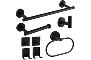 Linyoish 8 Pezzi Set Accessori Bagno Acciaio inossidabile Portasciugamani, porta carta igienica, anello portasciugamani, gancio per accappatoio, ganci adesivi, porta rasoio adesivo (Nero)