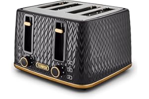 Tower T20061BLK Empire 4-Slice Toaster with Defrost/Reheat, Removable Crumb Trays, 1600W, Black and Brass