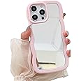 T Tersely Wave Frame Mirror Case for iPhone 16 Pro Max 6.9-inch Mirror for Girls Women Makeup Soft Wrapped Edge Drop-proof Cute Phone Case (Pink)