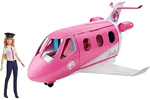 Barbie Flugzeug mit Pilotin Puppe, mit beweglichen Räder und 15x Zubehör inkl. Haustier und Trolley, in rosa, Spielzeug ab 3 Jahre, GJB33