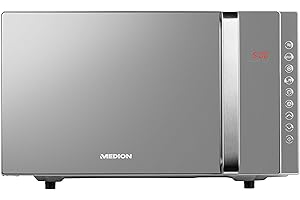 MEDION Micro-onde 3en1 avec gril et air chaud combiné (23L, 800W, 1200 W gril/air chaud, 10 programmes automatiques, 5 niveaux de puissance, mode décongeler, design miroir, MD17495) argent