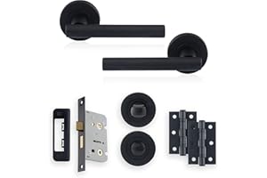XFORT Matt Black Liberty Lever On Rose Bathroom Pack, Complete Set with T-Bar Handles, 65mm Privacy Lock, 75mm Ball Bearing Hinges and Thumb Turn & Release Set, for Internal Bathroom Doors