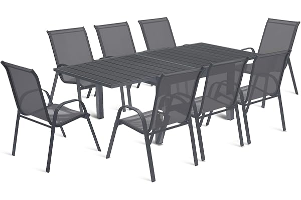 IDMarket - Salon de Jardin Poly Table Extensible 90-180 CM et 8 chaises Gris foncé