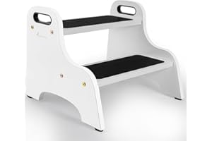 StrongTek Taburete de madera de 2 escalones para niños con superficie antideslizante, asas portátiles, almohadillas antideslizantes y capacidad de 350 libras, soporte multiusos resistente (blanco)