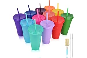 NUZEKY Lot de 12 gobelets en plastique réutilisables avec pailles et couvercles – 680,4 g – Gobelets à café glacé froid – Gobelets colorés en vrac – Joli gobelet de voyage durable pour adultes