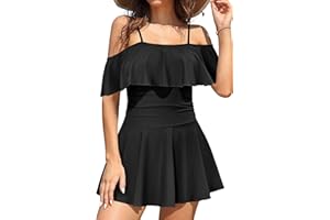 SHEKINI Mujer Traje de Baño una Pieza Falda de Traje de baño Bikini Un Hombro Elegante Volante Retro Ruched Control Abdominal Falda de Baño Trajes de Baño