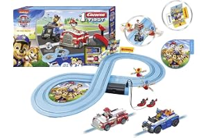 Carrera First PAW Patrol, On The Track – lekbana med Chase & Marshall, barnvänlig handregulator, 2,4 meter avstånd & interaktiva element – för litet racing och äventyr