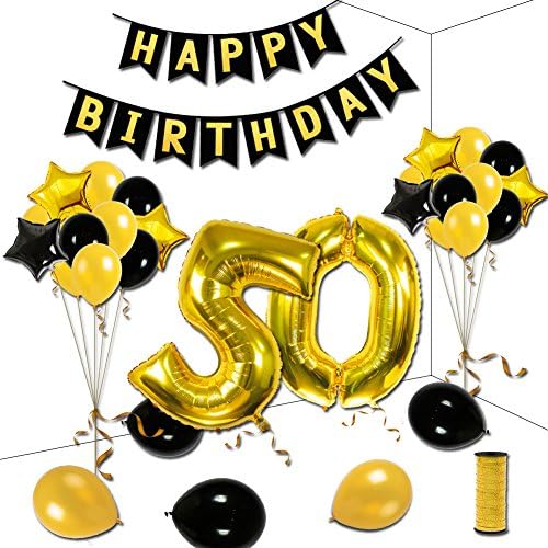KUMEED 50th Birthday Party Decorations Kit, Gold Black Star Balloons Happy Birthday Banner Number 50 Big Foil Balloons Golden Ribbon by