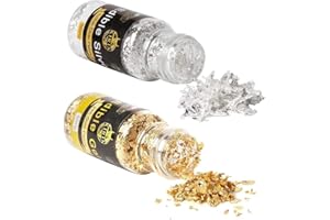 KIRIN 24K Gold Leaf Flakes and 100% Pure Silver Foil Flakes, 50mg Real Gold Foil and 50mg Real Silver Foil for Cake Chocolate Drinks Desserts Decoration, DIY Craft, Art Painting and Furniture Design
