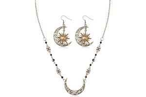 Otuuz 2 Pieces Boho Moon Head Chain Sun and Moon Earrings Adjustable Bohemia Bronze Hair Chain Headpiece Vintage Moon Dangle Drop Earrings for Women and Girls Travel Retro Party Accessories